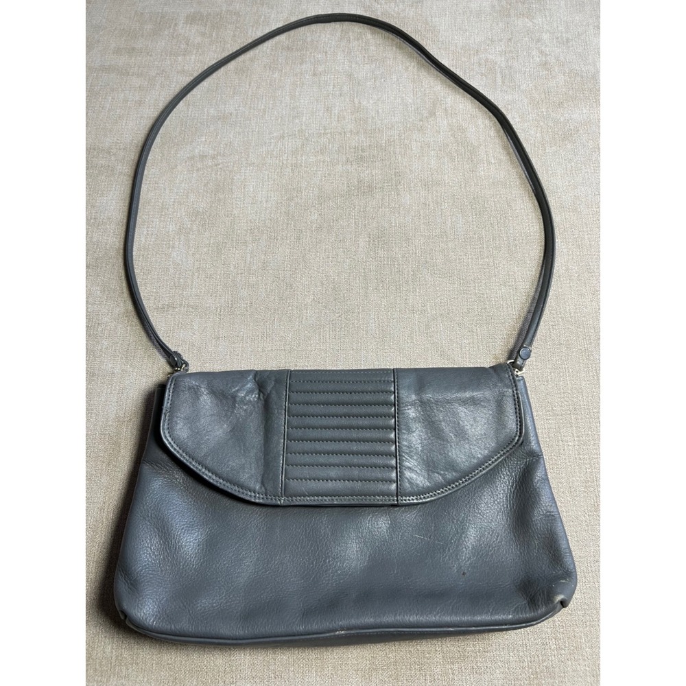 Vintage Andrea Grey Leather Crossbody Bag Ribbed Flap Magnetic Snap Gold Logo